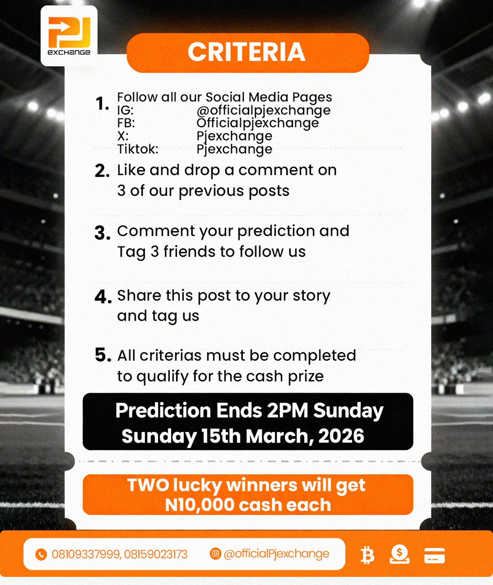 Predict the Full-time score of the match Tottenham vs Liverpool! ⚽️

📌 Two Lucky winners will get N10,000 cash each if all criterias are met.

Criteria to Win:
✅ All criterias must be met to qualify for the cash Prize

✅ Follow all our Social Media Pages
IG: