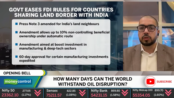 KhaitanCo's tweet photo. India’s approach to #PressNote3 remains a critical factor influencing inbound investment &amp; cross-border dealmaking. In an interview with @moneycontrolcom, Moin Ladha discusses the proposed relaxations &amp; what these changes could mean for investment flows.
https://t.co/dwFQjrrczq https://t.co/TORa5JTaNz