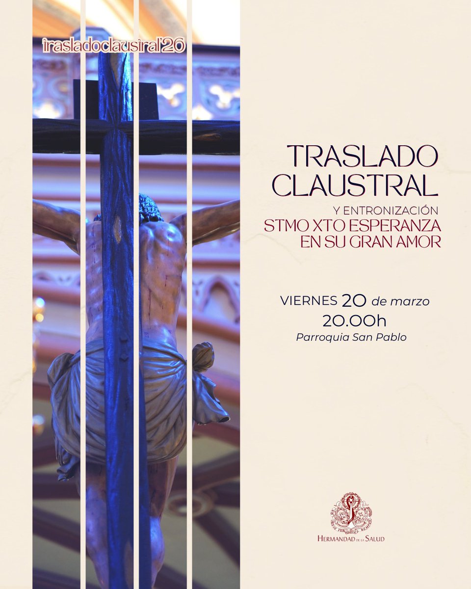 HdadSalud's tweet photo. | TRASLADO | 

El próximo viernes 2O de marzo, la Parroquia de San Pablo acogerá el traslado y la entronización del Stmo. Cristo de la Esperanza en su Gran Amor, preludio de nuestro Domingo de Ramos.

🗓 Viernes 2O de marzo
📍 Parroquia de San Pablo
🕗 2O.OO h

#CofradíasMLG https://t.co/WF6vBJbtjV