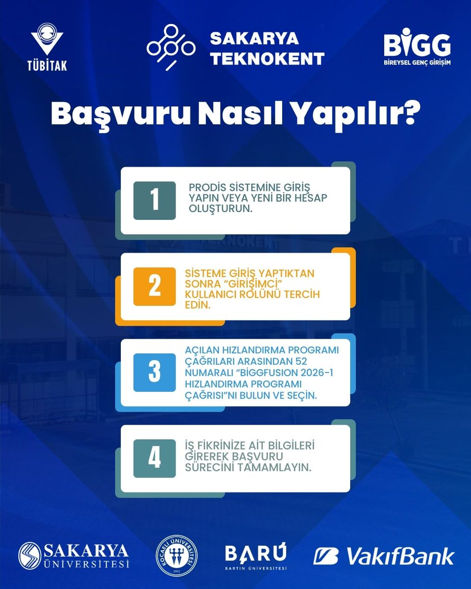 🚀TÜBİTAK 1812 Yatırım Tabanlı Girişimcilik Destek Programı 2026 başvuruları devam ediyor!

Sakarya Üniversitesi Teknokent’in girişimcilik ekosistemi, mentör ağı ve altyapı imkanlarıyla iş fikrinizi geliştirme ve yatırım sürecine hazırlanma fırsatı sizi bekliyor.