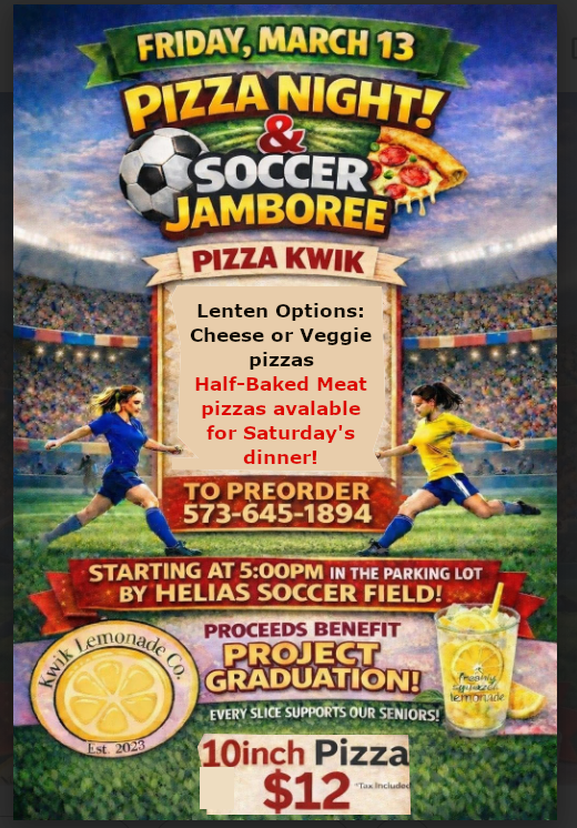 heliascatholic's tweet photo. March 13th... great night for soccer & pizza! ⚽🍕
Lenten options available! Meat pizzas can be purchased half baked! Come cheer on the Helias Lady Saders and support Project Graduation while you’re there.
#SaderSeniors #ProjectGraduation https://t.co/HwtC8hnrAr