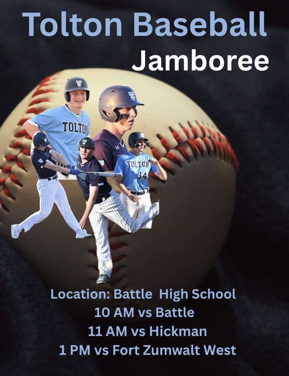 ToltonBaseball's tweet photo. ⚾️ Jamboree Saturday

Catch the Trailblazers tomorrow, Saturday March 14th at Battle High School! 

⏰ 10am vs. Battle 
⏰ 11am vs. Hickman
⏰ 1pm vs. Fort Zumwalt West 

Let’s go, Blazers! 🔥🐴 

#ToltonBaseball #NeverTired https://t.co/0u3pHbZIG7
