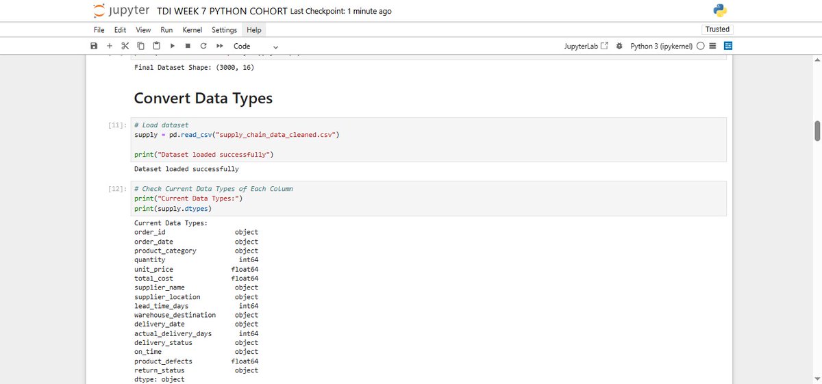 Ifedolapojoe's tweet photo. Week 7 of my Python data analytics journey focused on data cleaning and feature engineering using Pandas.

I worked with a supply chain dataset to handle missing values, convert data types, and clean messy text fields to ensure consistency. https://t.co/BUwlZdCNQY