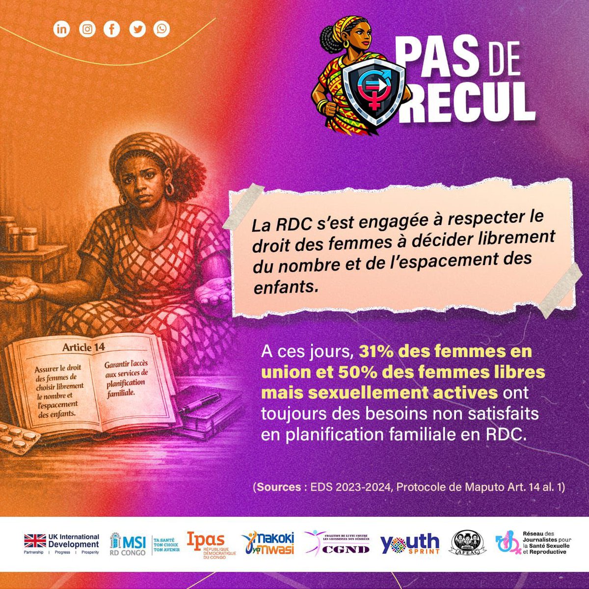 MajRDCongo's tweet photo. #PASDERECUL 

La RDC doit honorer ses engagements à garantir à chaque fille et femme le droit de décider librement du nombre et l'espacement des naissances.

Protégez les acquis du Protocole de Maputo face aux reculs des droits.

@MinSanteRDC @rogerkamba @Presidence_RDC https://t.co/8p1Zh9AgHe