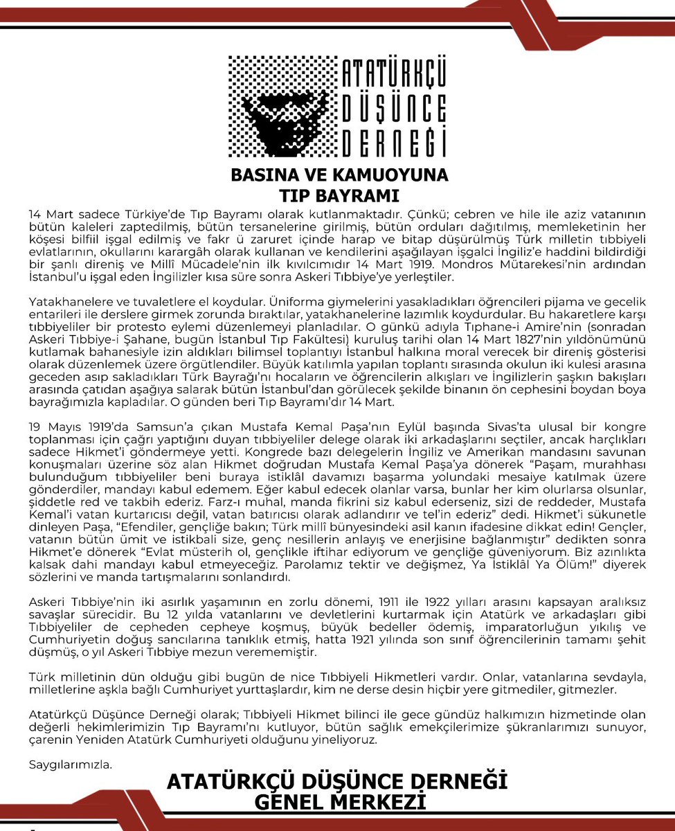 HsnBozkurt's tweet photo. Emperyalist işgale karşı Askeri Tıbbiye’nin yaktığı bir direniş ateşi, bir kutsal isyandır 14 Mart Tıp Bayramı.
Kutlu olsun!
#tipbayrami
#AtatürkteBirleşmeZamanı
#YenidenAtatürkCumhuriyeti
@add_genelmerkez https://t.co/ty51LFHcgK