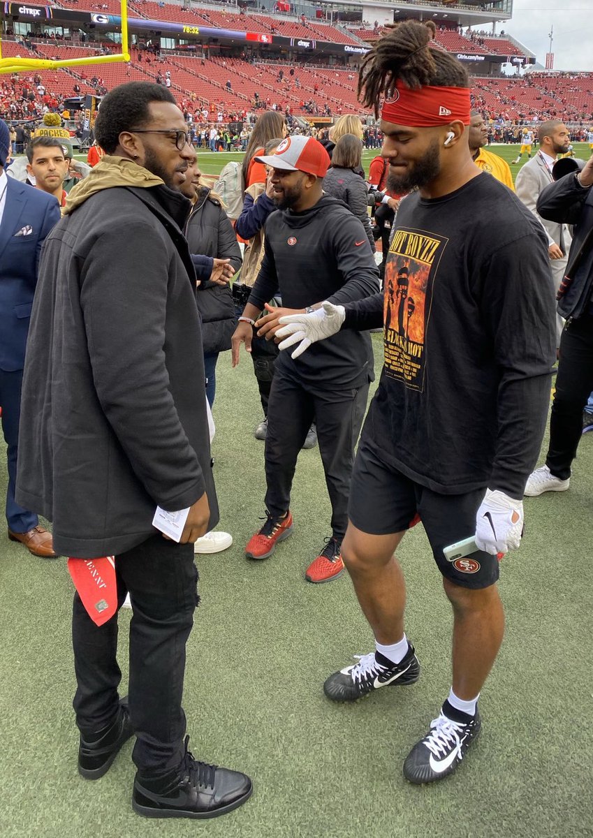 Coach_Yac's tweet photo. Fred Warner to Patrick Willis:

“I was supposed to pass you up in that Tampa Bay game that I got injured in. I went into that game needing six tackles to break your record, and I remember writing on my tape before the game with a Sharpie, 'All-time leading tackler in 49ers history'. I finished the game with one tackle and a broken leg. It wasn’t meant to be. So my first game back is going to be special for a lot of reasons, but that would be another special reason.”

— Fred Warner

via: @GOATfarmmedia | h/t: @NinerStats
