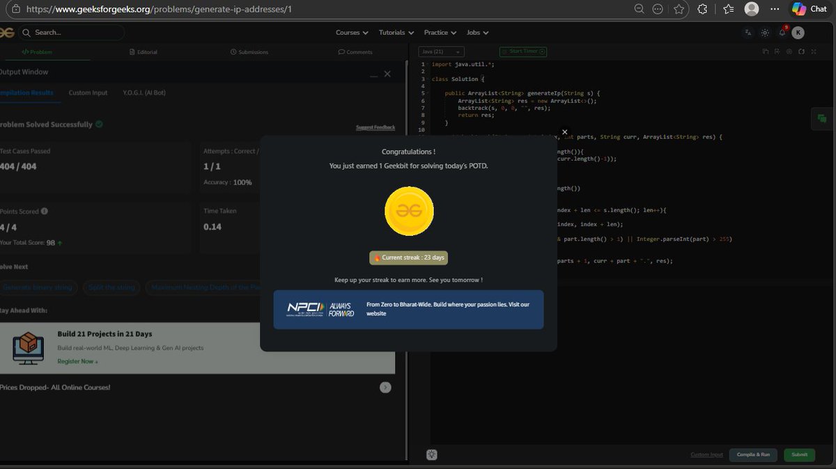 krishnkumar989's tweet photo. Day 23 of #GeekStreak60 ✅

Solved today’s POTD on GeeksforGeeks as part of the 60-day challenge powered by NPCI.

23 days of consistency.
Still learning, still improving. 🚀
#npci #dsa #problemsoftheday #codingjourney #consistency

@geeksforgeeks @NPCI_NPCI https://t.co/2rPlAZDRE1