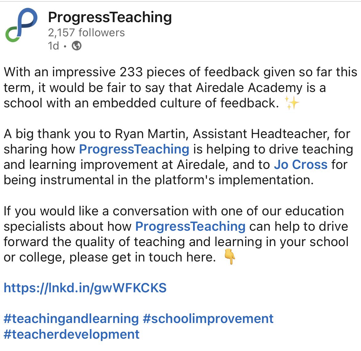 CastlefordTrust's tweet image. Great to see the impact of ProgressTeaching at @AiredaleAcad.

A strong culture of feedback is strengthening teaching and learning. 

Credit to Ryan Martin and Team Airedale, with support from @CastlefordTrust.

#TeachingAndLearning #SchoolImprovement  #FeedbackCulture