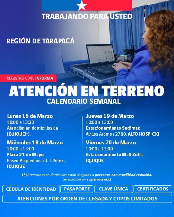 [🚐CivilMóvil] Revisa nuestra programación de actividades en terreno que hemos preparado para la próxima semana en #Tarapacá.

Estaremos en #Iquique y #AltoHospicio.