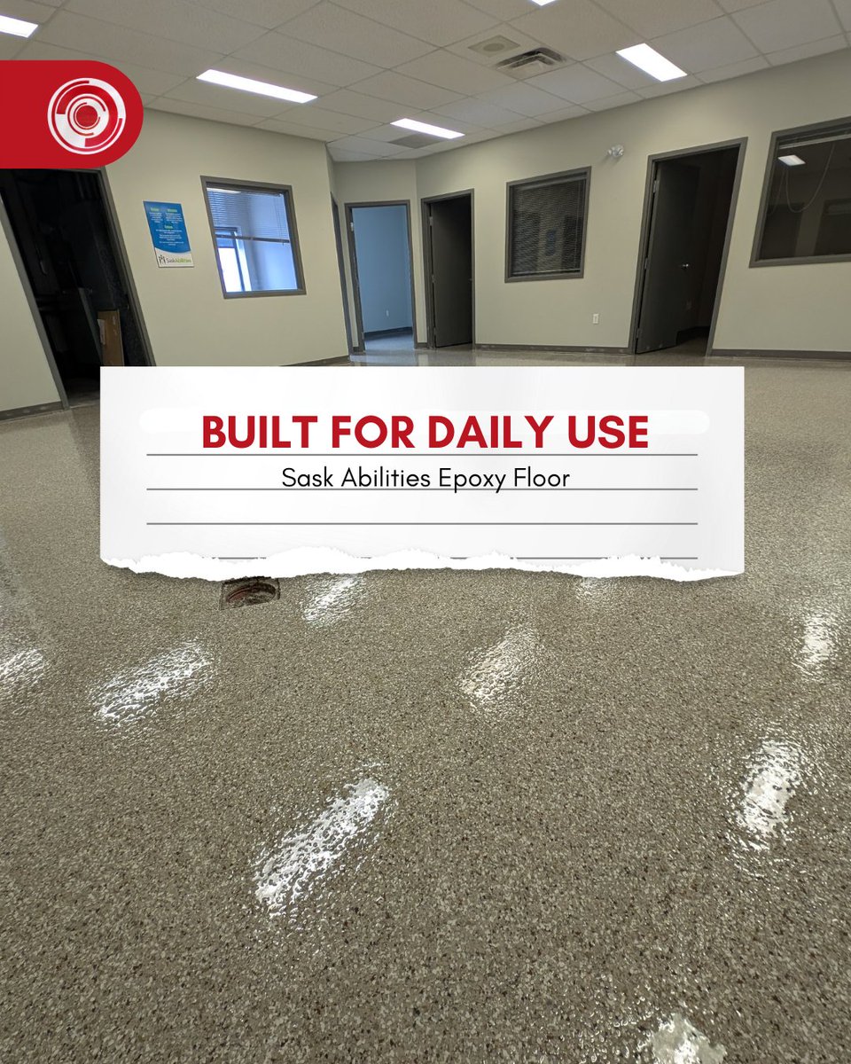 immortalconc's tweet photo. Floor prep at @SaskAbilities Yorkton started with grinding, followed by a coloured epoxy prime coat and full #CreekbedFlake broadcast. The flake layer was sanded smooth before the final epoxy coat, creating a durable, easy-to-clean floor for daily traffic. #EpoxyFloor #Yorkton https://t.co/0eRbh0Vi6D
