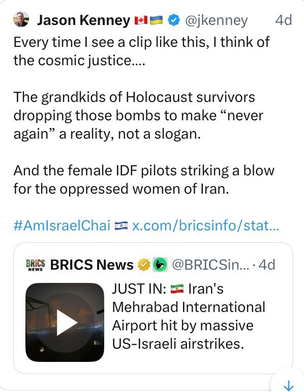 The idea that the ladies of Iran should be grateful for being bombed to smithereens on "feminist" grounds is so mental that I can only understand it as coming from a deep-seated hatred of women in general, which would dovetail with Mr. Kenney's notoriously closeted homosexuality.