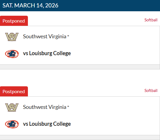 🚨 SCHEDULE UPDATE 🚨

The softball doubleheader between Louisburg College &amp; Southwest Virginia scheduled for Saturday has been postponed.

A makeup date will be announced at a later time.

Stay tuned to our social media and lchurricanes.com for updates.

 #LouisburgSB 🥎