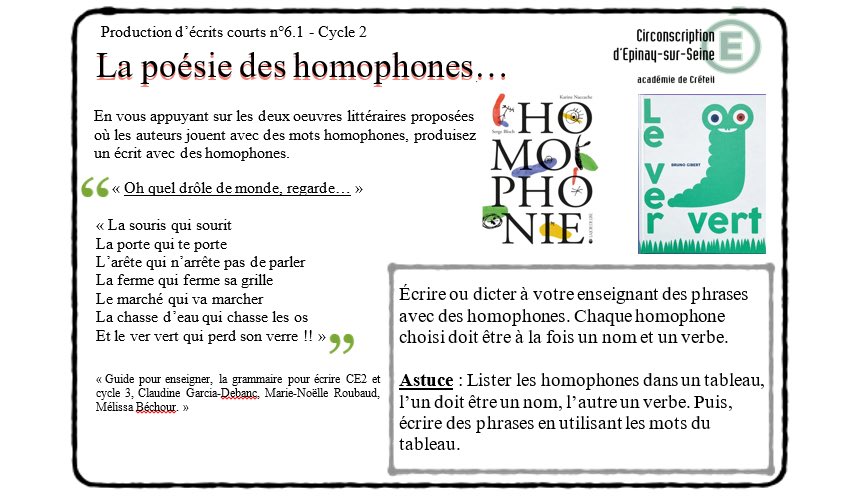 Les productions d’écrits courtes sont destinées aux élèves de cycle 2 et cycle 3 mais également aux élèves de GS.
N°6 mars 2026
ien-epinay.circo.ac-creteil.fr/spip.php?page=…