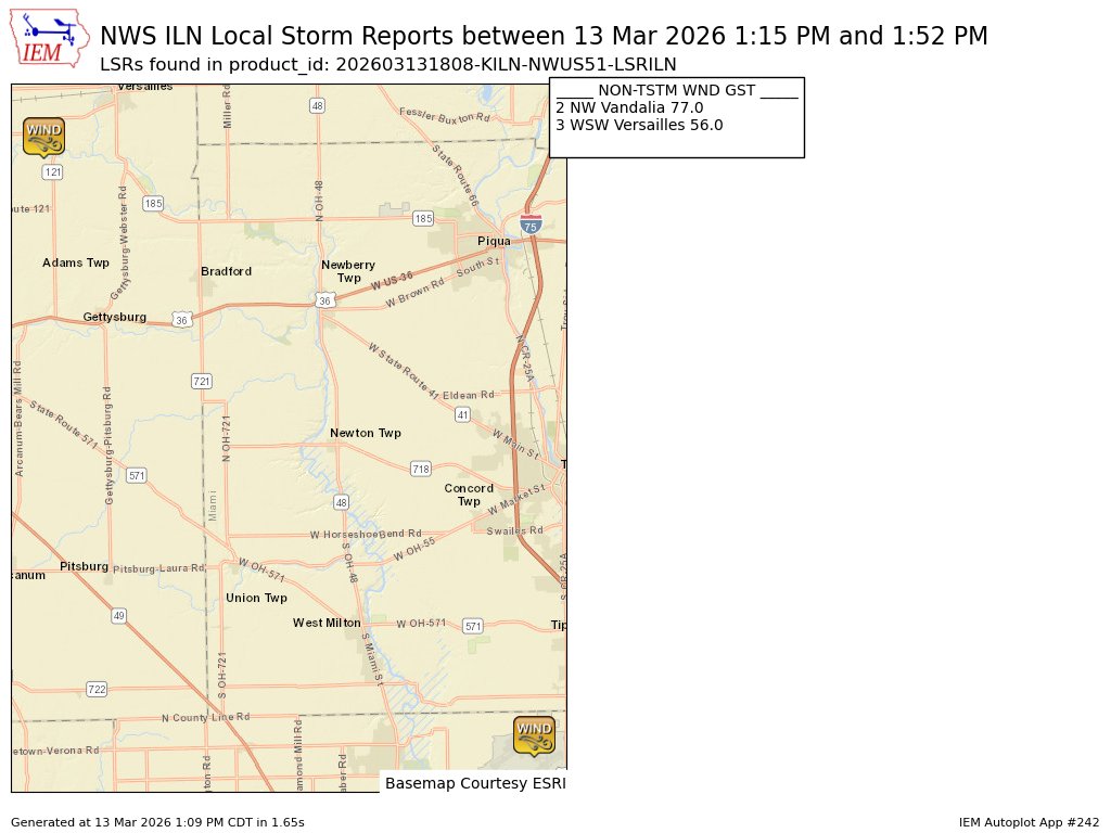 At 1:15 PM EDT, 2 NW Vandalia [Montgomery Co, OH] ASOS reports Non-Tstm Wnd Gst of M77 MPH. ASOS station KDAY Dayton International Airport. #ohwx mesonet.agron.iastate.edu/lsr/?by=wfo&wf…