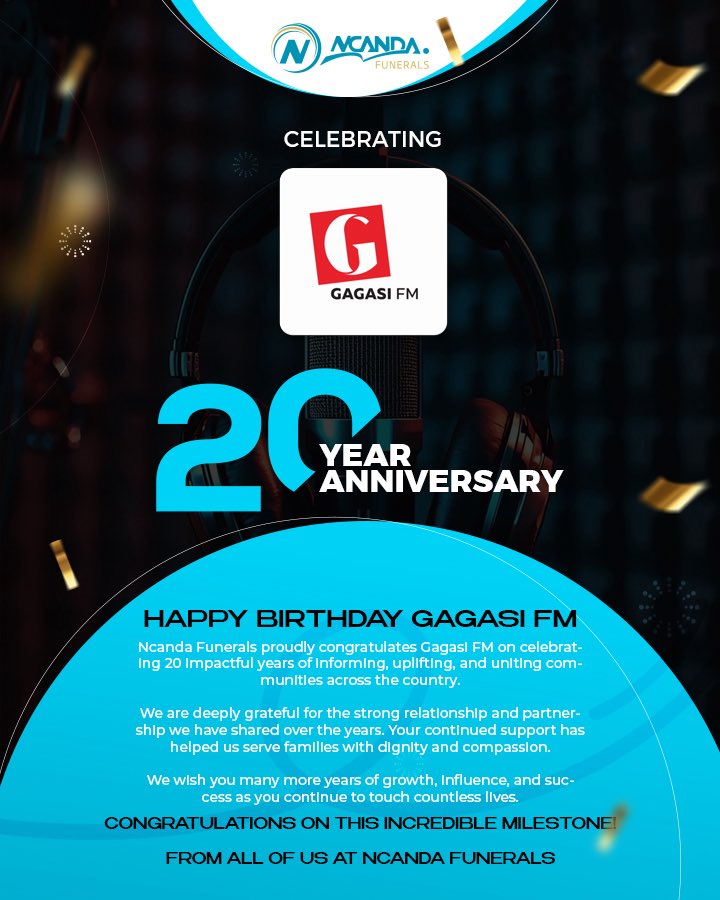 Ncanda Funerals congratulates Gagasi FM on celebrating 20 impactful years of giving a voice to communities and uplifting listeners. 🎉
We wish you continued growth and success in the years ahead.

#NcandaFunerals #GagasiFM20  #20YearsOfGagasiFM #TheSoundOfKZN