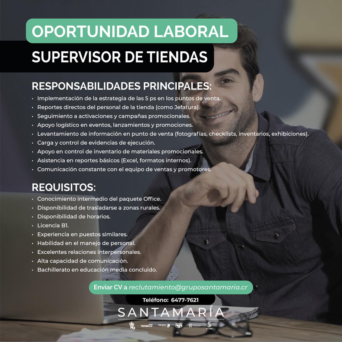 #Empleos506CR
GRUPO SANTAMARÍA requiere "SUPERVISOR DE TIENDAS".