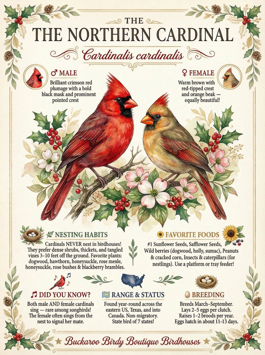 Txbirdhousegirl's tweet photo. Did you know Cardinals will not use a birdhouse but rather prefer dense brush and bushes?!  Drop a ❤️ if you have Cardinals at your house!!!

New poster for you made by Manus AI ...  really enjoying building these with the AI.  Facts about Cardinals!!Share these if you like! https://t.co/cL2AAAupIk