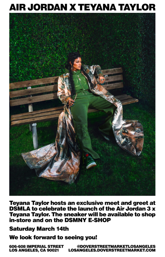 nicekicks's tweet photo. Teyana Taylor will be hostiing an event at DSMLA for an exclusive meet &amp; greet celebrating her Air Jordan 3.
Fans will also be able to buy a pair in-store at DSMLA or online via the DSMNY E-SHOP https://t.co/gmJmMwGRP5