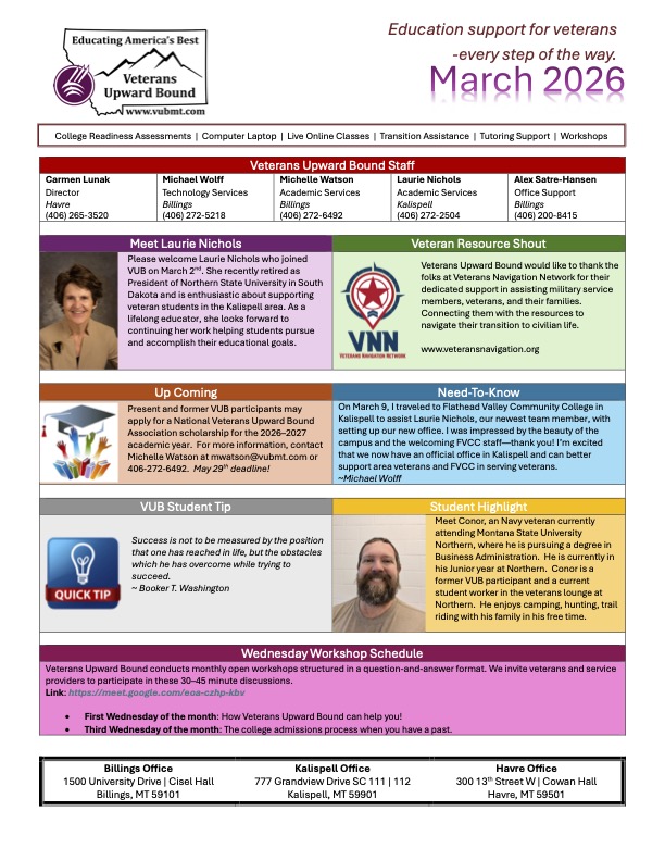 Please review our March newsletter for the latest updates and initiatives from Veterans Upward Bound.

We remain committed to providing comprehensive educational support for veterans—every step of the way.
