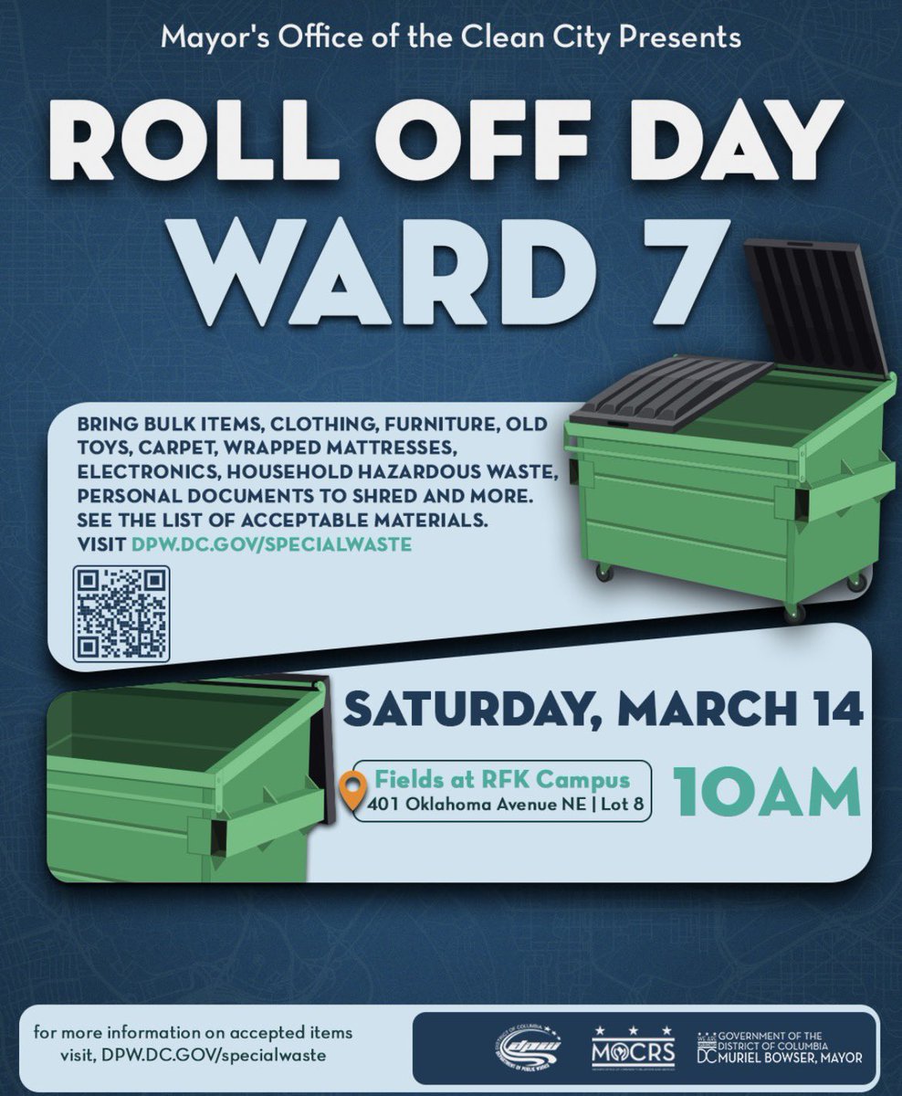 DCMOCRS's tweet photo. Join us this weekend, for the Ward 7 Roll Off Day!  📅 Saturday, March 14 🕙 10AM–2PM  📍 Fields at RFK Campus LOT 8   Bring bulk items & clutter for disposal—let’s work together to keep our city clean! 🧹  ⚠️ Please review the list of prohibited items before you come: https://t.co/8T1h3HEiXT  #TrashFreeDC #Ward7