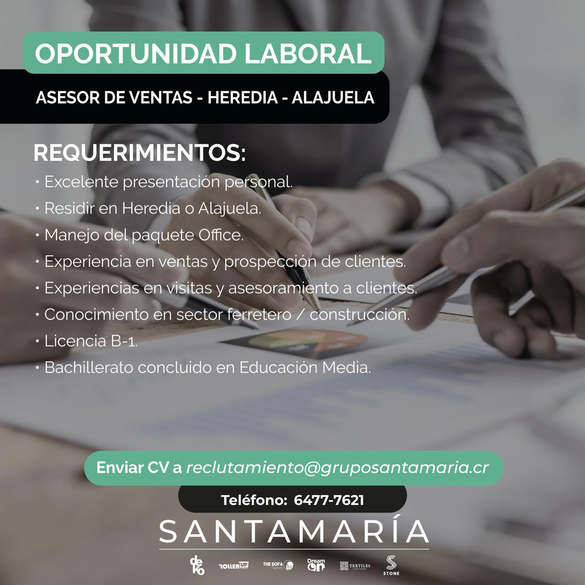 #Empleos506CR 3Alajuela #Heredia 
GRUPO SANTAMARÍA requiere "ASESOR DE VENTAS", Heredia - Alajuela.