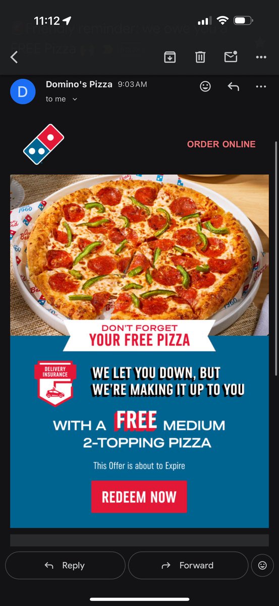 ParkerHelton's tweet photo. @dominos I got this email but when I hit redeem nothing happens??? Please help https://t.co/jIiw4l7kdH