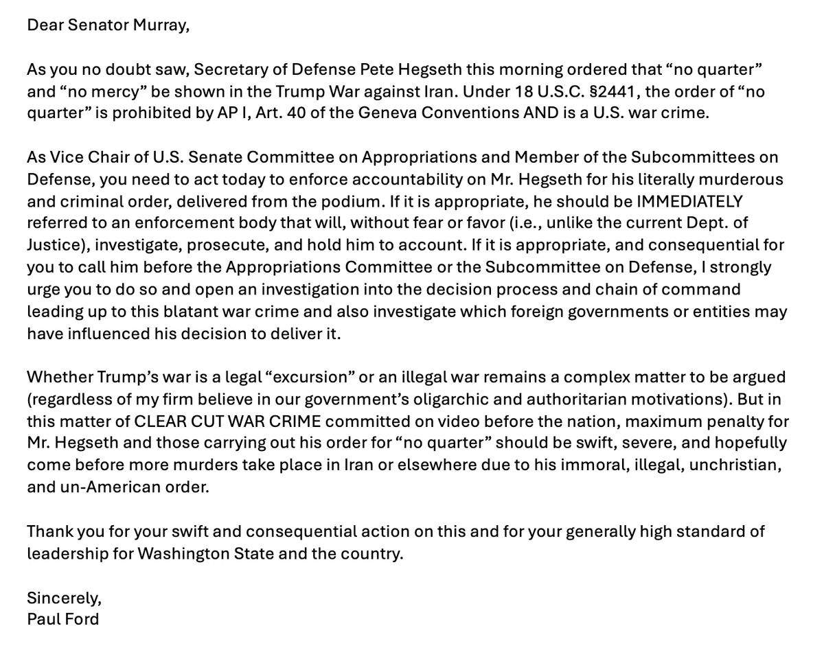 PaultFord's tweet photo. @Acyn I just sent this to my wonderful Senator on the Defense Subcommittee, @PattyMurray. 

IF YOU DON'T LIKE WAR CRIMES, feel free to copy and send to yours as well.

cc: @PattyMurray @SenMcConnell @ChrisCoons https://t.co/VBuTuMiUau
