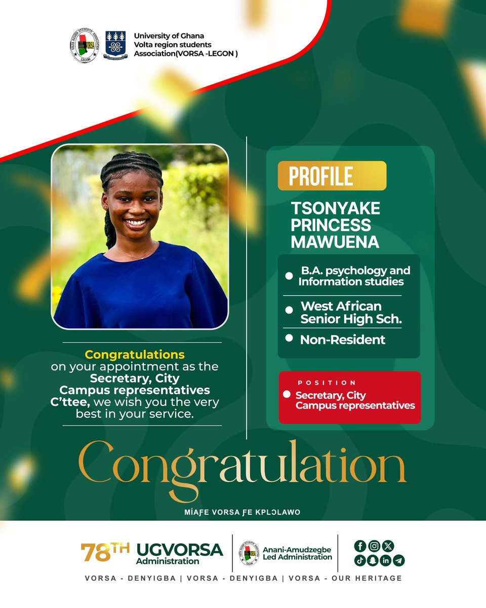 VorsaLegon's tweet photo. Congratulations  to *Miss Tsonyake Princess Mawuena* on your appointment as the *Secretary to the City Campus Representatives*.

We wish you the very best in this your  role and we are optimistic of your great contribution and service to *VORSA- LEGON*

 *DENYIGBA-OUR HERITAGE* https://t.co/a8AW0x8qY7