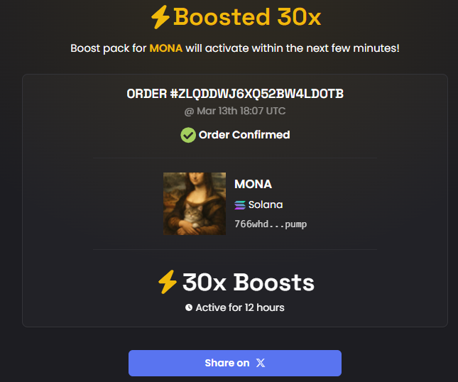 mona_on_sol's tweet photo. ⚡ $MONA Boost Activated

We just activated 30x Dexscreener Boosts and we are pushing MONA toward Top 1–5 trending on Dexscreener.

Once MONA reaches $1M Market Cap, the team vows to burn 1% of the total supply.

That means 10,000,000 $MONA tokens will be permanently removed from circulation.

More burns will take place for every milestone reached.

This token is for the community. Every revenue generated from Pumpfun is being used for boosting, marketing, and expanding the reach of MONA.

We are not here to gain trust in one day. We are here to prove through execution that we can deliver.

Some people have raised questions about wallet clusters connected to early partners. To clarify, several partners received early access to $MONA and it is entirely up to them how they distribute tokens to their own communities.

In a few cases, partners used their treasury wallets to acquire their allocations, which caused multiple wallets connected to their communities to appear linked to $MONA. This may look unusual on-chain, but it simply reflects how those partners distributed tokens internally.

We want to be transparent with the community. The goal has always been to grow MONA through partnerships, marketing, and strong community support.

The journey is just beginning.

🟫🐈 Forgotten by History! The Cat who watched the Renaissance unfold.