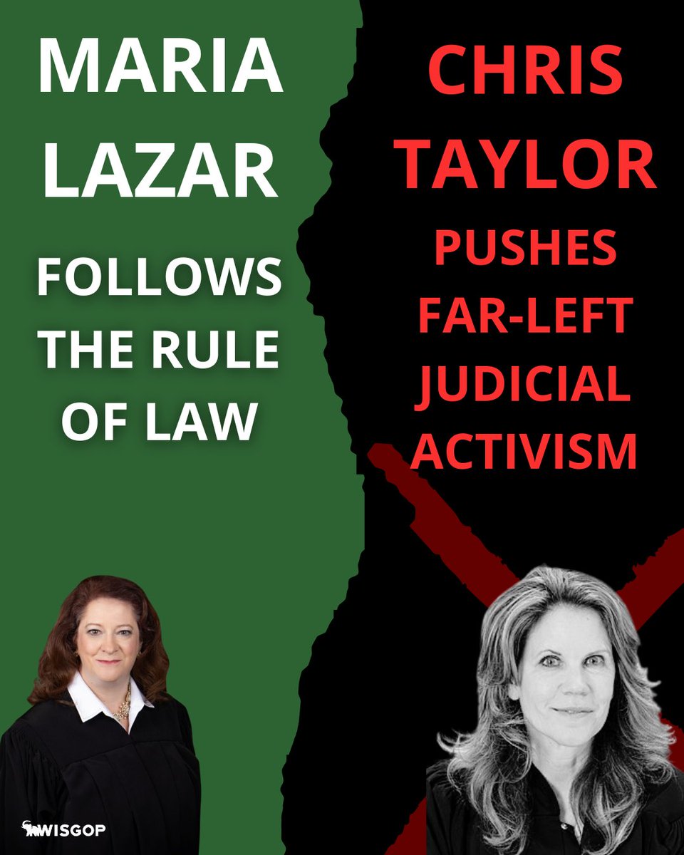 WisGOP's tweet photo. Judge Maria Lazar consistently follows the rule of law.

Meanwhile, Chris Taylor pushes for judicial activism to advance far-left policies from the bench. https://t.co/uU2taQixqR