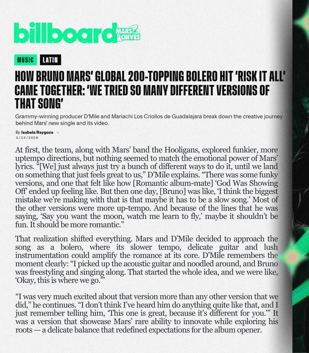 marschives's tweet photo. 📰 D’Mile discusses working with Bruno Mars on his recent interview with Billboard Español.

Initially conceived as an uptempo track, ‘Risk It All’ ultimately transformed into a romantic bolero to better reflect its lyrical depth and Mars’ Latin heritage.
#RiskItAll
#TheRomantic https://t.co/zKXzruBy4J