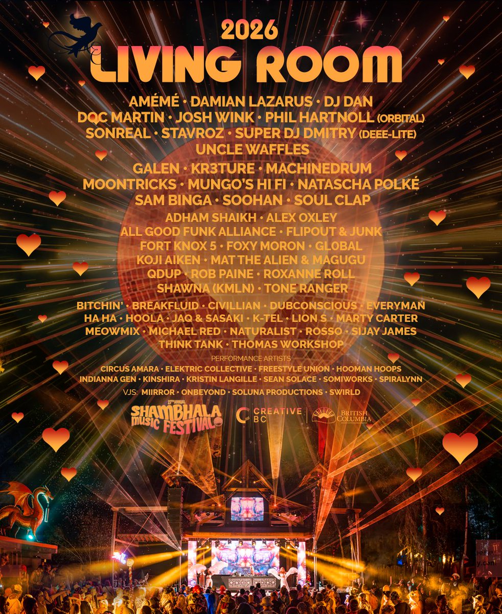 shambhala_mf's tweet photo. The Living Room Stage 2026 Lineup 🏖️🛋️ Proudly presenting this multi genre line up: Different generations. Different sounds. One dance floor. Get pumped with the Living Room Stage playlist: https://t.co/DcHfB50ai2

📸 Divisuals (Don Idio)
🎨 Onbeyond https://t.co/Duw36uqS8I