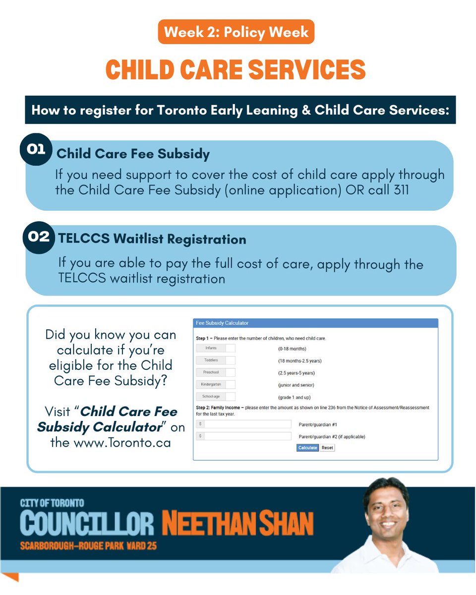 NeethanShan's tweet image. In the second week of my #LearnTO campaign, the focus is on Child Care Services in Toronto. The Child Care Fee Subsidy supports families with the cost of accessing licensed child care programs.