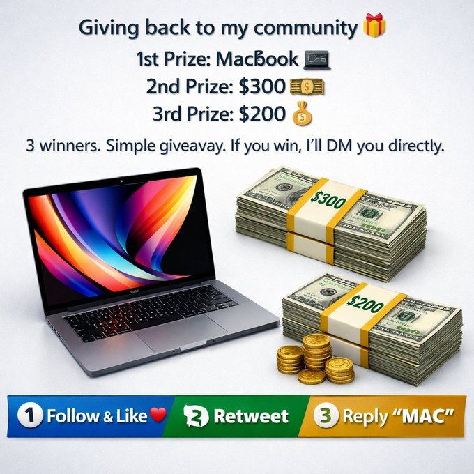 manoharbhabar1's tweet photo. Giving back to my community 🎁

🏆 1st Prize: MacBook 💻
🥈 2nd Prize: $300 💵
🥉 3rd Prize: $200 💰

3 winners. Simple giveaway.
If you win, I’ll DM you directly.

To enter:

1️⃣ Follow me (so I can DM)
2️⃣ Like ❤️ &amp; Repost 🔁
3️⃣ Comment “MAC” and I’ll DM you

#Giveaway #Earning https://t.co/EPjOyZg2RD