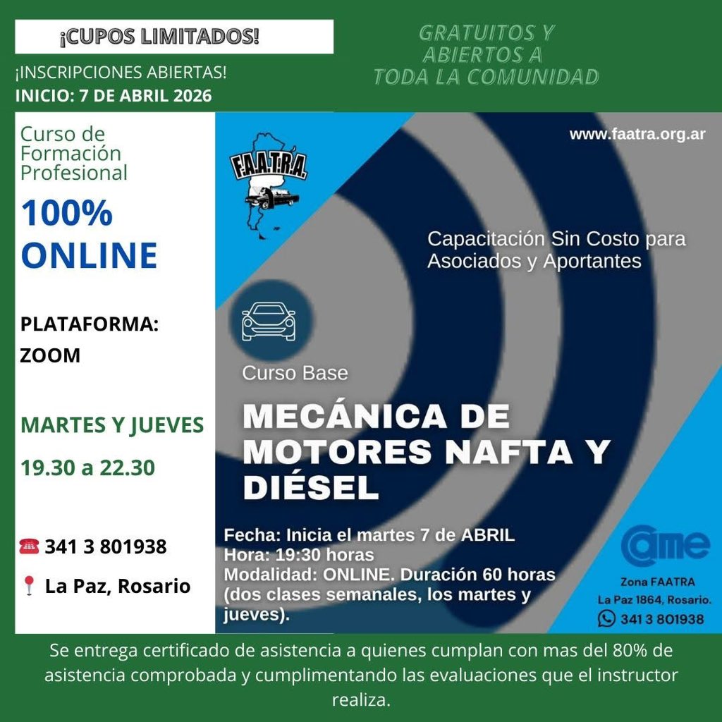 🔧 ATENCIÓN COMPAÑEROS/AS DE TODOS EL PAÍS 

📚 Curso de Mecánica de Motores Nafta y Diésel – 100% online

📅 Inicio: 7 de abril
💻 Modalidad: por Zoom
🗓 Días: martes y jueves
⏰ Horario: de 19:30 a 22:30

📖 Duración:
• 20 clases
• 60 horas totales de capacitación

📜