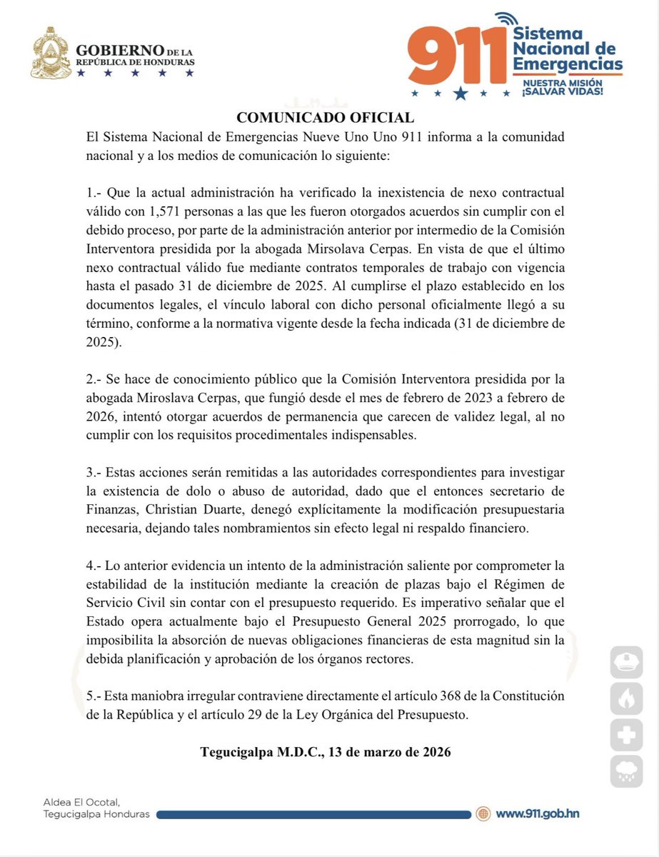 🚨COMUNICADO OFICIAL 

Nuevas autoridades del SNE 911 han verificado la inexistencia de nexo contractual válido con 1,571 personas a quienes les otorgaron acuerdos sin cumplir con el debido proceso