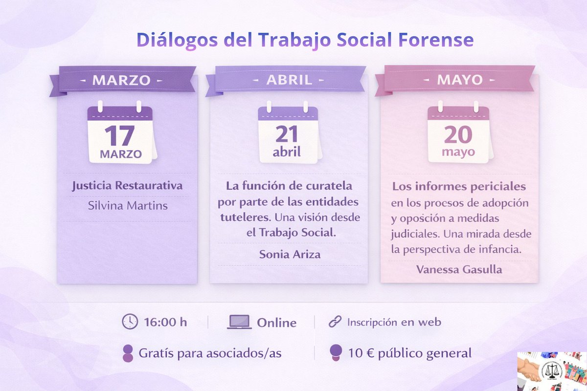✨ Ciclo de webinars “Diálogos de Trabajo Social Forense”

📅 17/3 Justicia Restaurativa 
📅 21/4 Curatela 
📅 20/5 Informes periciales en adopción y oposición a medidas 

💻 Online | 16:00 h | 
💜 Gratis asociados/as 
💲10 € No Socios
🔗 Inscríbete:trabajosocialforense.com/event