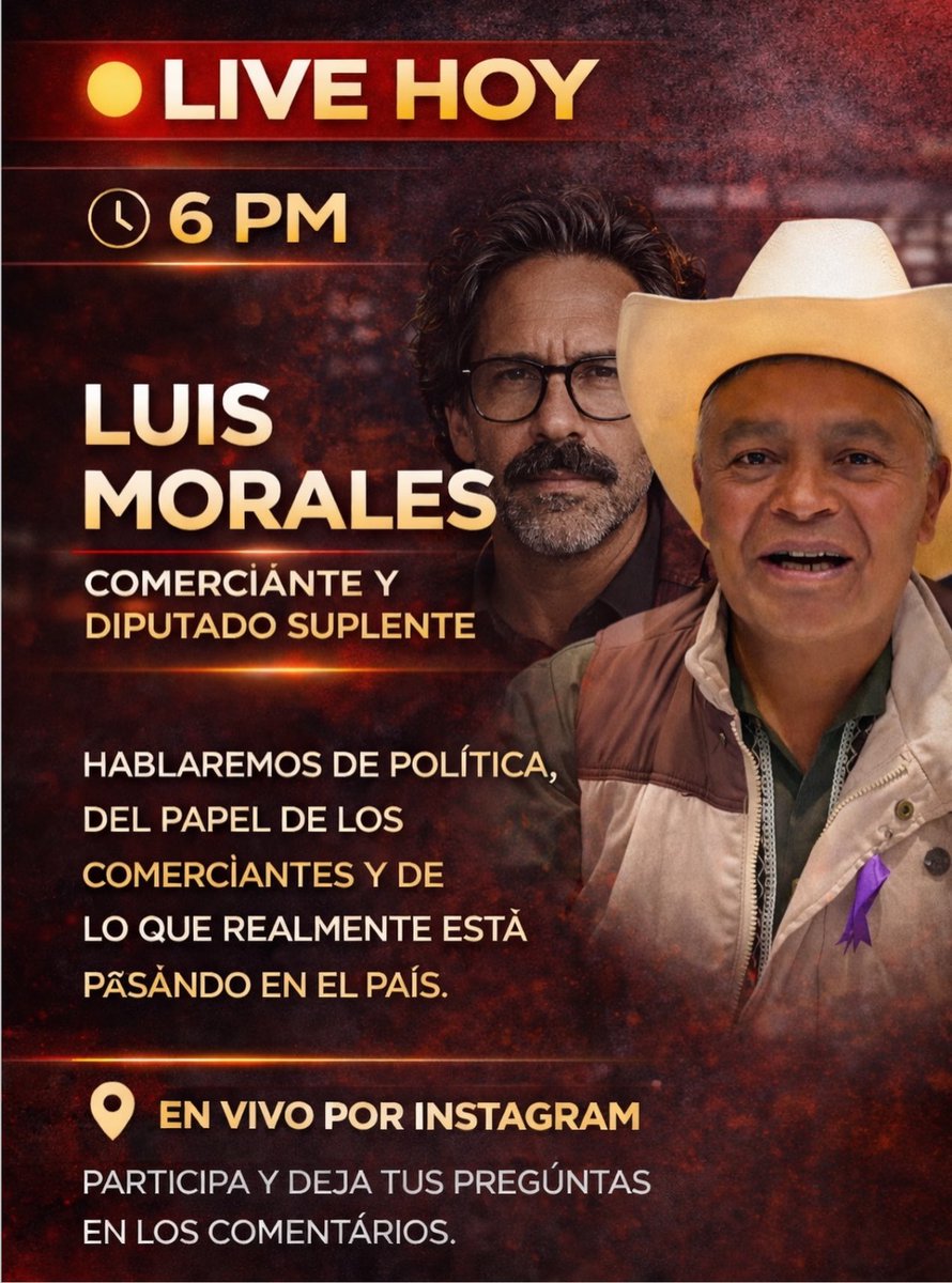 Nos vemos hoy a las 6:00 PM  con Antonio Angulo Castro.

#luismorales
#diputadootomi