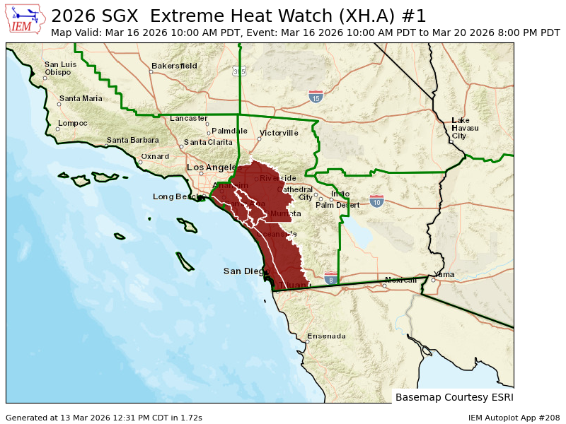 CaliFireTracker's tweet photo. NWS San Diego has issued an Extreme Heat Watch for the Inland Empire, Orange County, and much of San Diego County. This is the first extreme/ excessive heat watch issued in the month of March in California. If it is updated to warning, it will be the earliest of such in state history. 

Temperatures will be 85-90°F near the coast and up to 105°F inland Monday through Friday. 

NWS Los Angeles also mentioned the potential for an extreme heat warning in their discussion. #CAwx