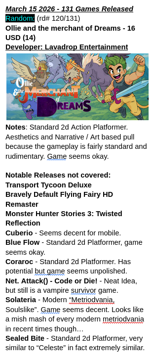 Looking over steam releases daily and giving surface level thoughts on game quality and ideas presented. I choose games that I find interesting. #gamedev #indiedev #steam

bsky.app/profile/retror…