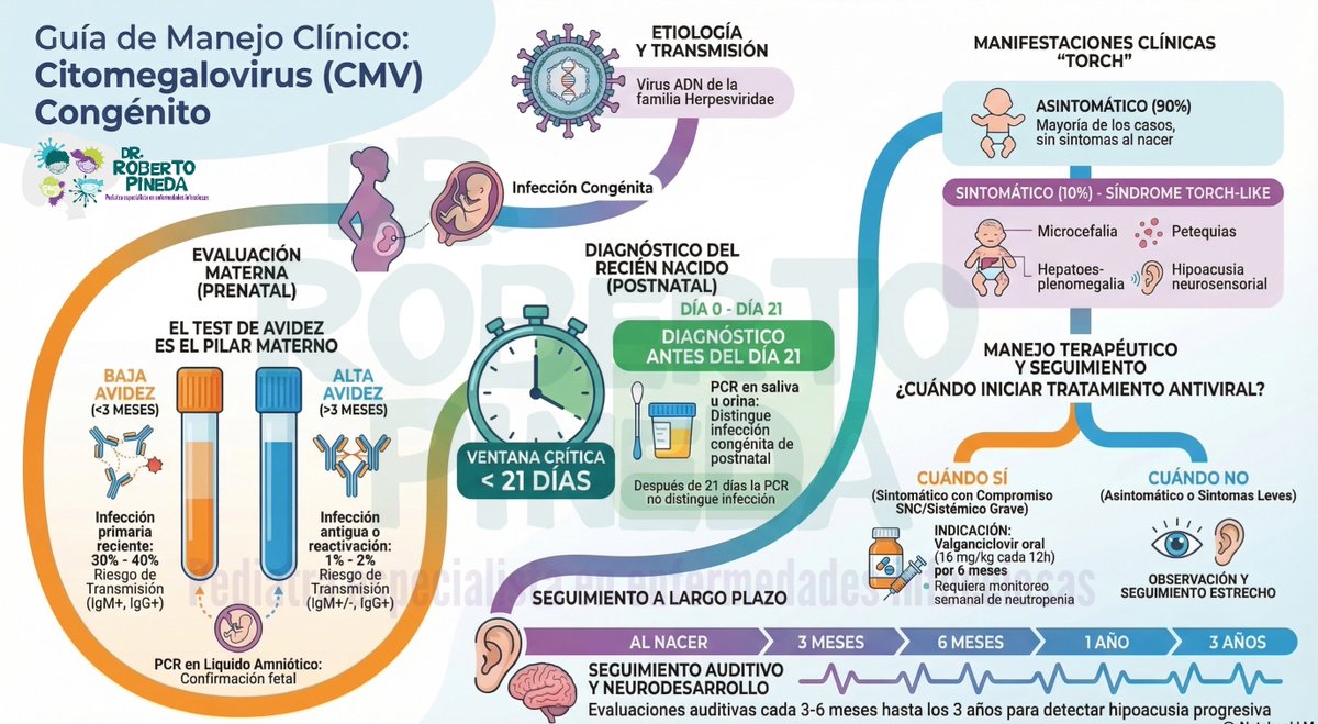 El citomegalovirus (CMV) congénito.

La mayoría de RN son asintomáticos, pero puede causar hipoacusia neurosensorial, microcefalia, petequias y compromiso neurológico.

El diagnóstico debe hacerse antes de los 21 días de vida con PCR en saliva u orina para confirmar infección.