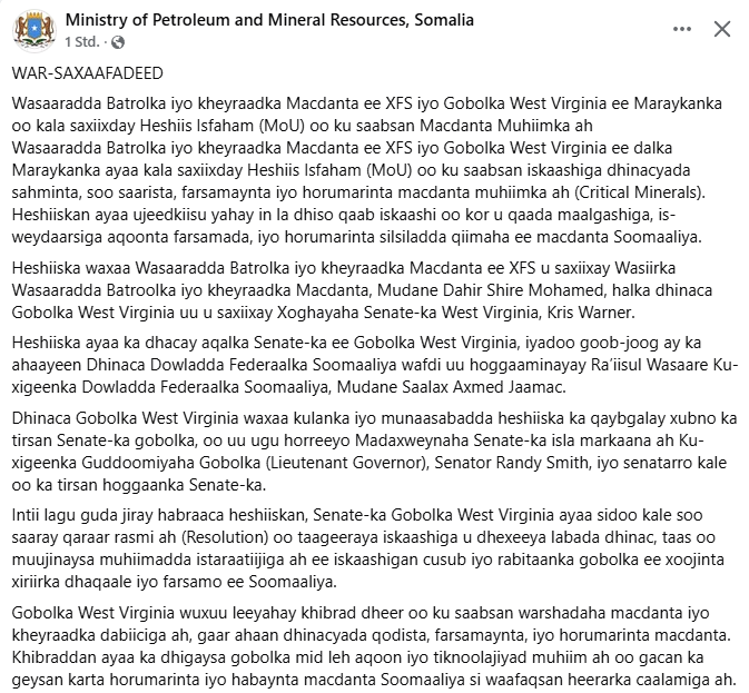 PatrickHeinisc1's tweet photo. #Somalia's Ministry of Petroleum and Mineral Resources and #US West Virginia state signed a memorandum of understanding on the exploration, production, processing and development of critical minerals. https://t.co/Y0DvGQWUTE