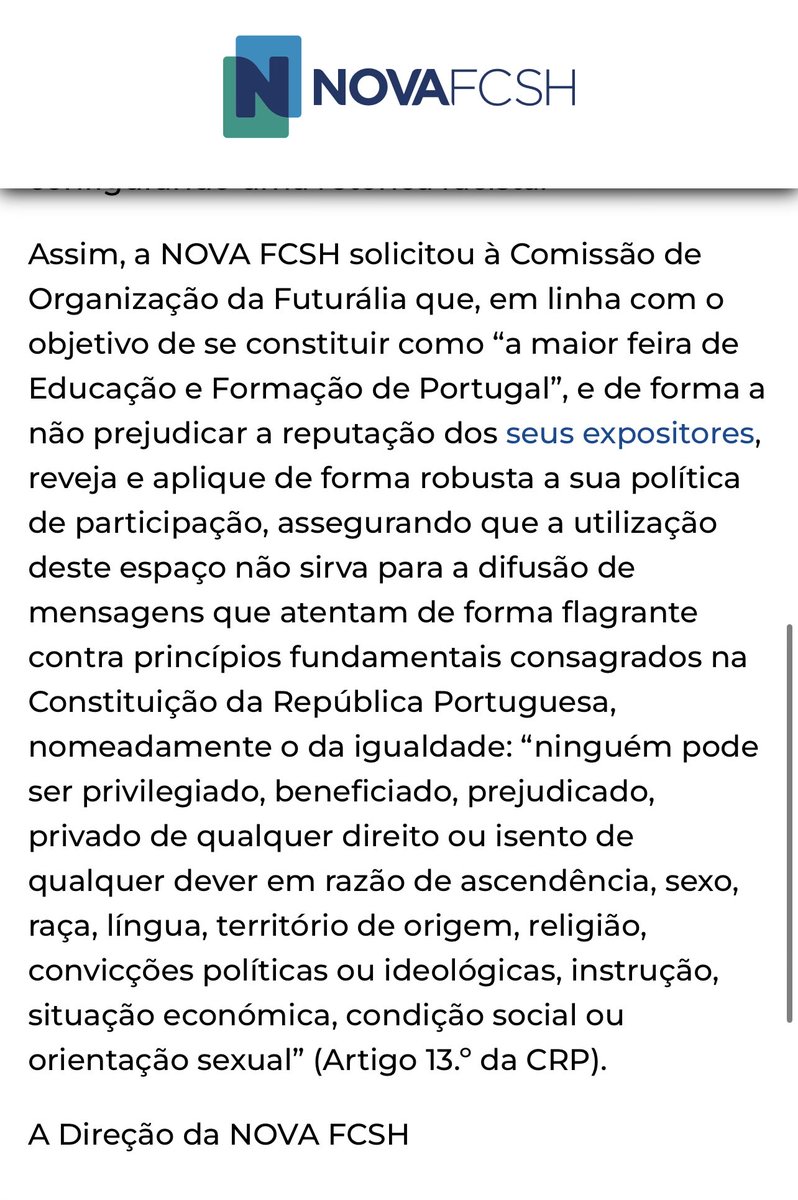 A Direção da NOVA FCSH enviou hoje esta carta à organização da Futurália, publicando-a também no seu sítio (ligação abaixo)