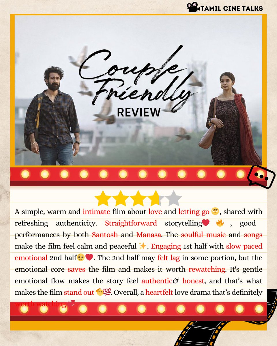 #CoupleFriendly Detailed Review ❤️‍🩹 

It never felt like we were watching a typical Telugu film. Maybe that’s because it’s directed by a Tamil filmmaker. It truly felt like a pure love story &amp; easily one of the best love dramas in recent times. ❤️✨🎬”