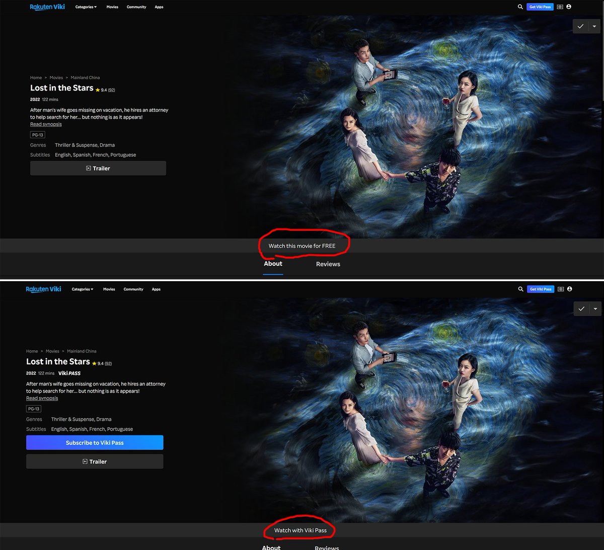 AVAAntares's tweet photo. @Viki Couldn't get help from your chatbot. Why do I keep running into titles that say they're free until I try to stream them, and then they suddenly switch to Viki Pass only? Is this a coding bug or deliberate bait-and-switch? It's a pretty rude way to market subscriptions. https://t.co/sRGSS4tN0O