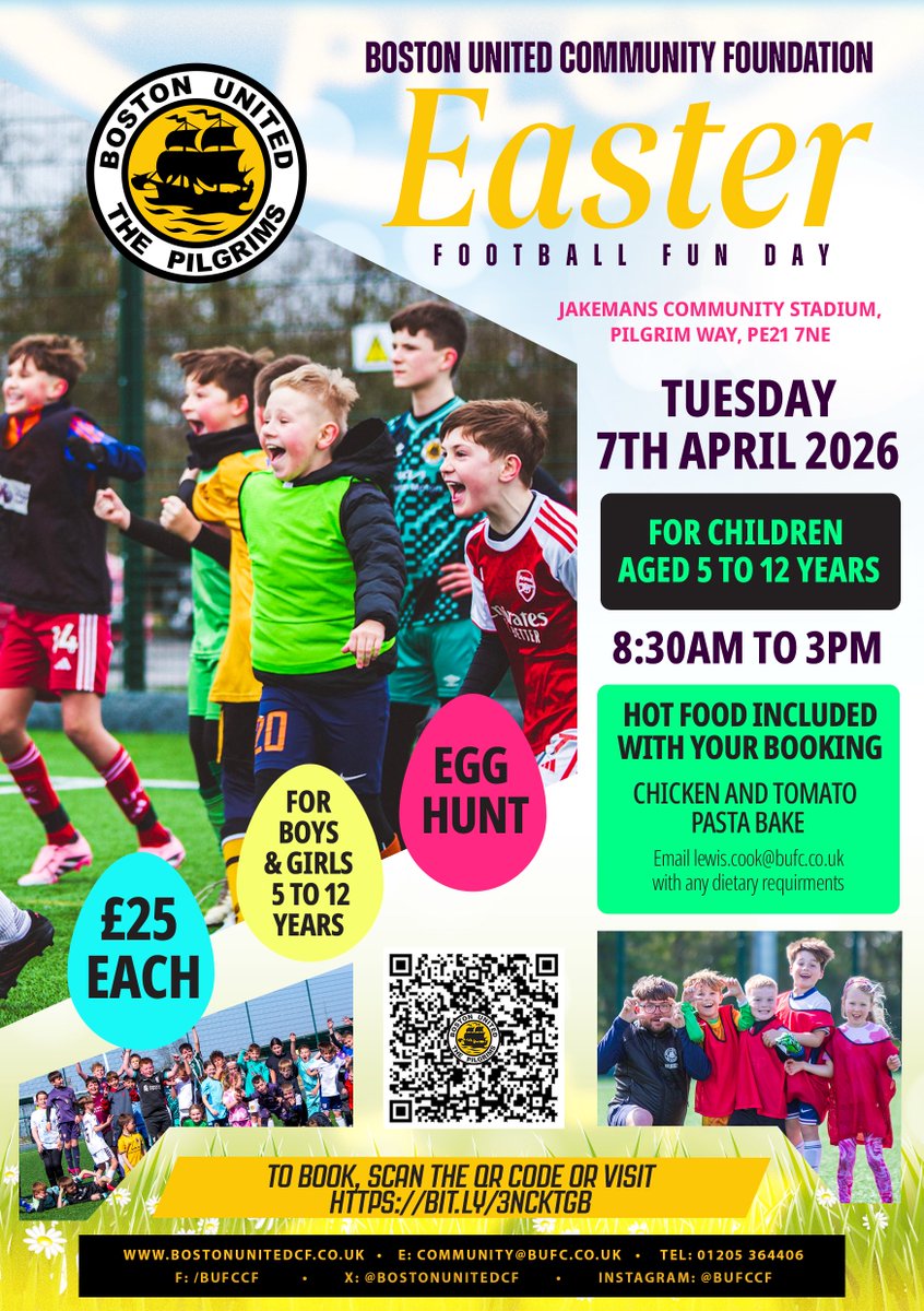 🔥 Boston United Football Fun Day – Easter 2026! 🔥

📅 Tue 7 April
⏰ 8:30am to 3pm
👦👧 Ages 5–12
💷 £25 (hot food included 🍝)

🏆 Football League Tournament
🏟️ Easter Egg Hunt

📲 Book now: bit.ly/4cLZx0C
📩 Dietary requirements: lewis.cook@bufc.co.uk

#UTP 🧡🖤
