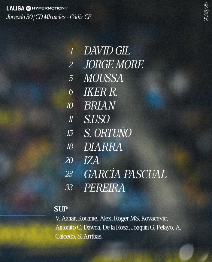 𝐗𝐈 𝐃𝐄𝐋 𝐂𝐀́𝐃𝐈𝐙 𝐂𝐋𝐔𝐁 𝐃𝐄 𝐅𝐔́𝐓𝐁𝐎𝐋 ⚔️

Estos son los jugadores que lucharán por los 3 puntos hoy en Anduva 👊👥

¡Vamos Cádiz! 💛

#MirandésCádiz #LALIGAHypermotion