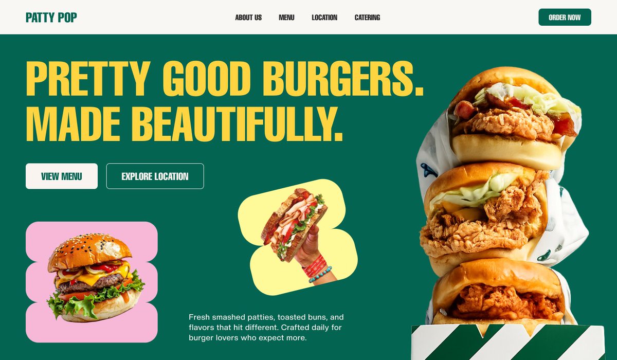 mahatirmdayat's tweet photo. Burger restaurant landing page hero section concept ๐
Bold visuals, vibrant colors, and a layout built to make food look irresistible.
#UIUX #WebDesign #FoodWebsite https://t.co/BSVunnKJco
