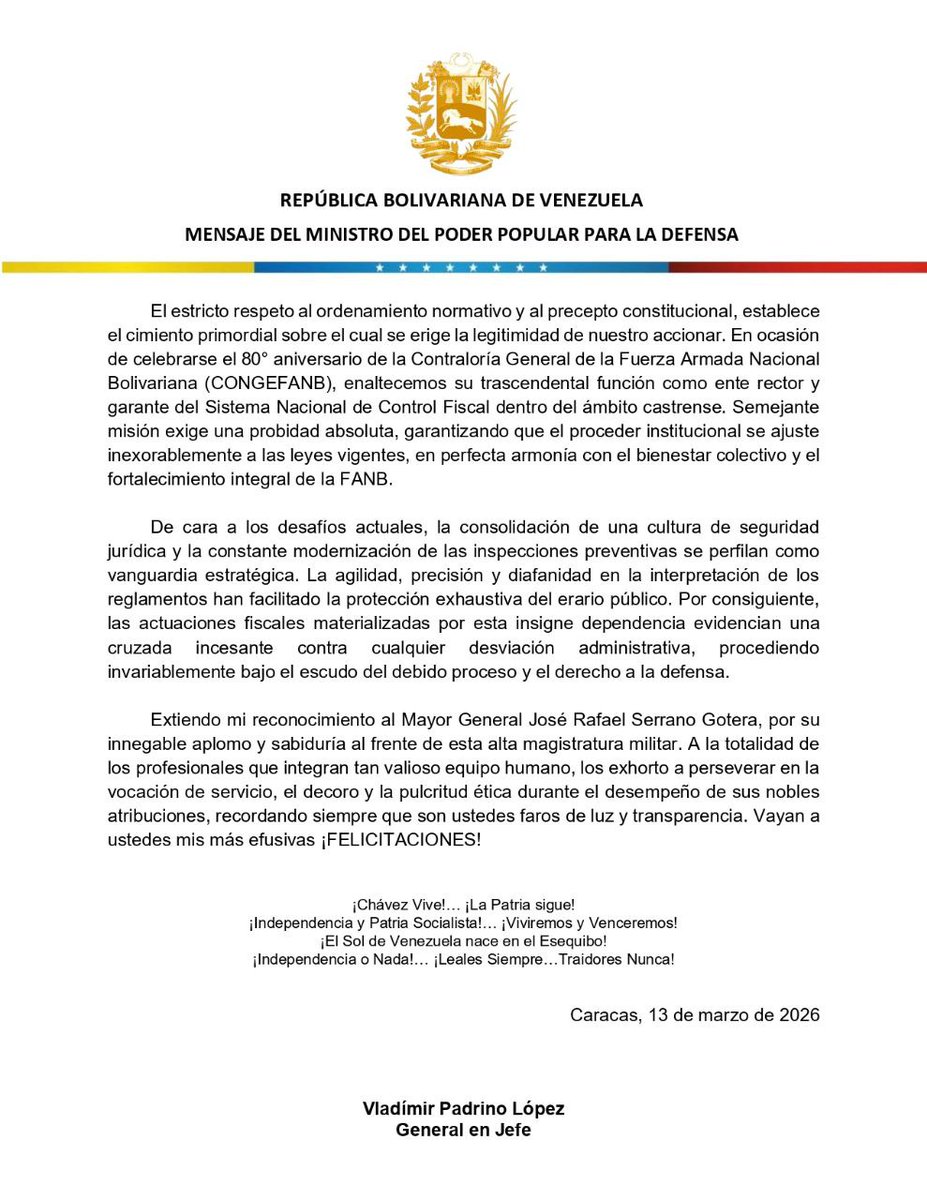 #lmportante || Mensaje del ciudadano GJ Vladímir Padrino López en ocasión de celebrarse el 80° Aniversario de la Contraloría General de la FANB. 🇻🇪