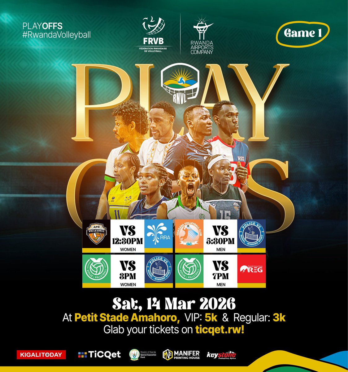 willarabbin's tweet photo. 🏐 PLAYOFFS ARE HERE 🏐
The battle for the championship 2026 begins this Saturday at Petit Stade Amahoro.
Expect intensity, passion, and top volleyball action! 🔥
🗓️ 14 March 2026
🎟 VIP: 5K | Regular: 3K
👉 Tickets: https://t.co/Am9Lb0PbB2
Don’t miss Game 1 of the Rwanda Volleyball League Playoffs!
#RwandaVolleyball #RNVLPlayoffs #PlayOffs2026